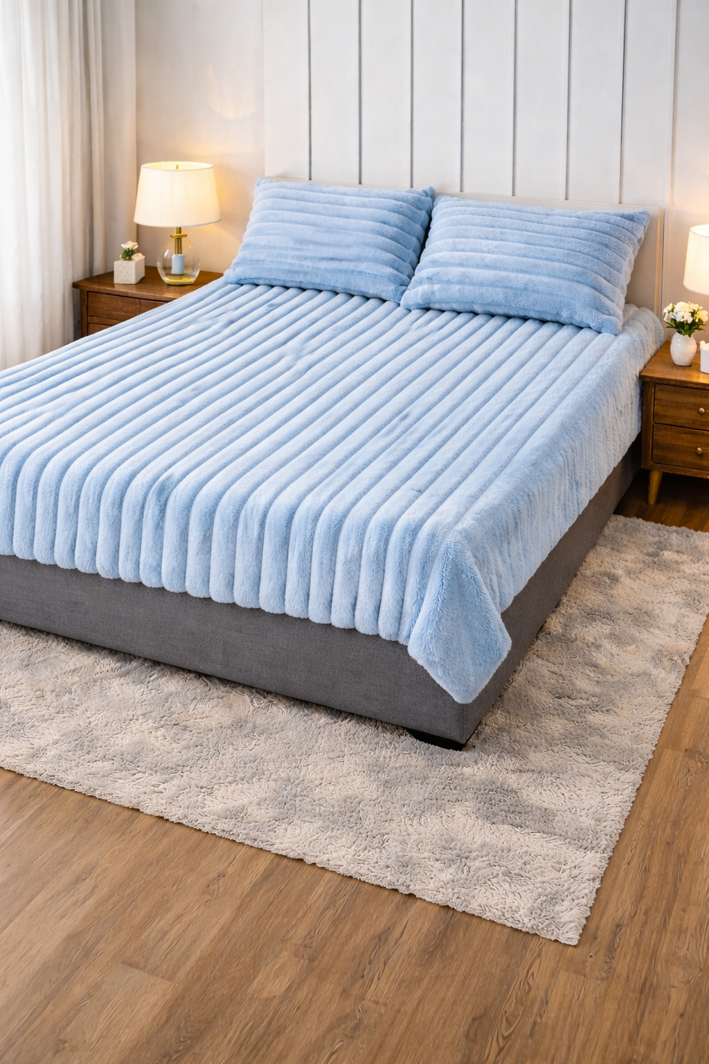 Quirky Hub Luxe Rabbit Fur Fitted Bedsheet – Pastel Blue | King Size 72x78