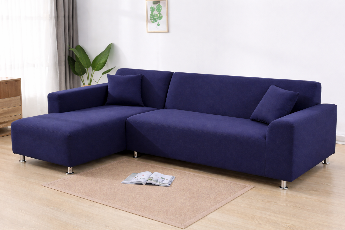 L Shape Quirkyhub Plain Blue Strechable Sofa Cover