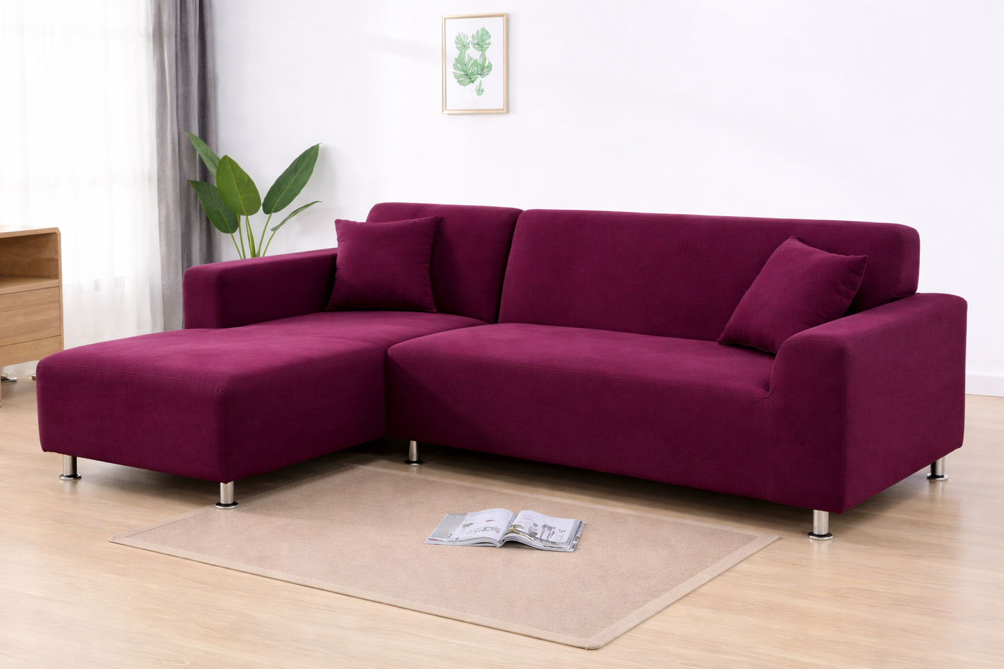 L Shape Quirkyhub Plain Burgundy  Strechable Sofa Cover