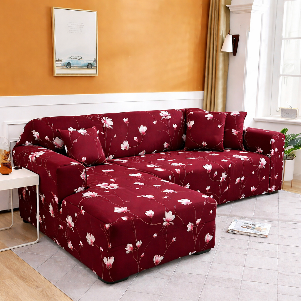 Quirky Hub L Shape Premium Extensible Sofa Set Cover Red Flower