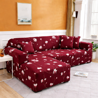 Quirky Hub L Shape Premium Extensible Sofa Set Cover Red Flower
