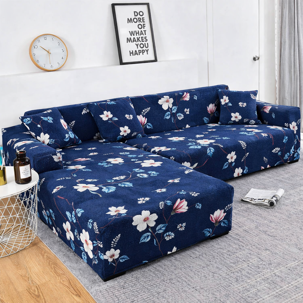 Quirky Hub L Shape Premium Extensible Sofa Set Cover Blue Flower