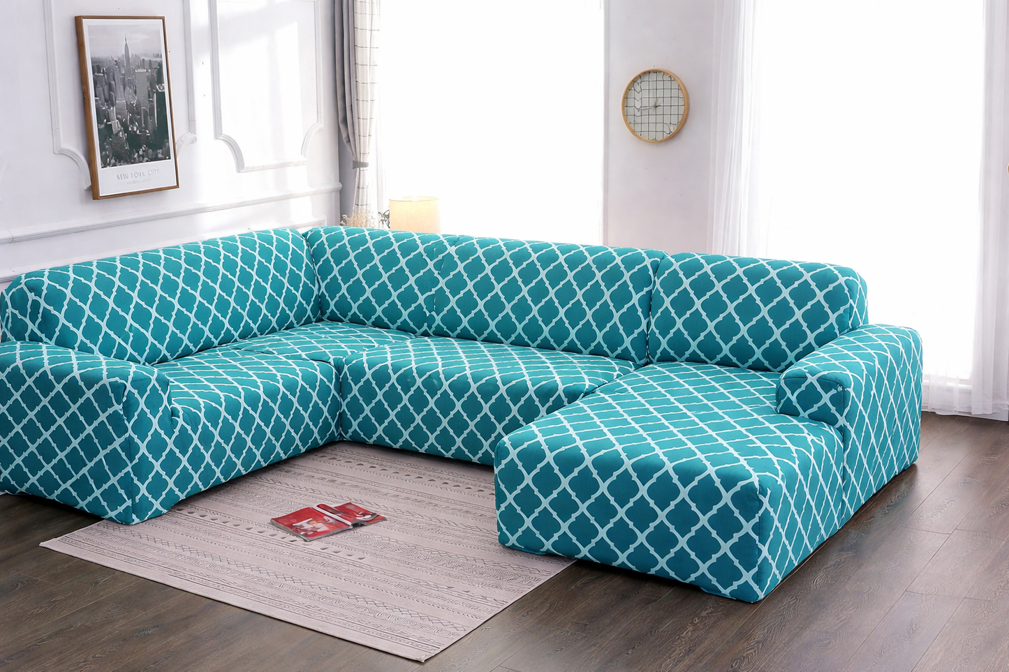 L Shape Quirkyhub Sky Diamond Strechable Sofa Cover