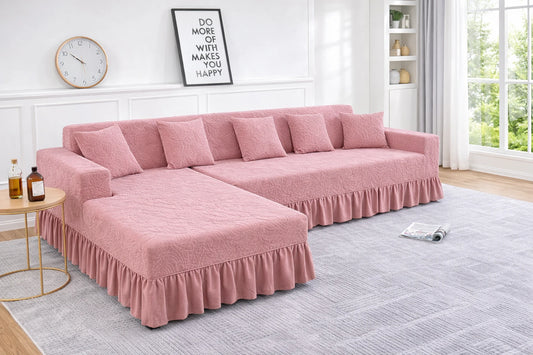 Premium Pink Frill L Shape Sofa Cover – Stretchable, Washable & Elegant Sofa Protector