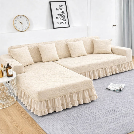 Premium Cream Frill L Shape Sofa Cover – Stretchable, Washable & Elegant Sofa Protector