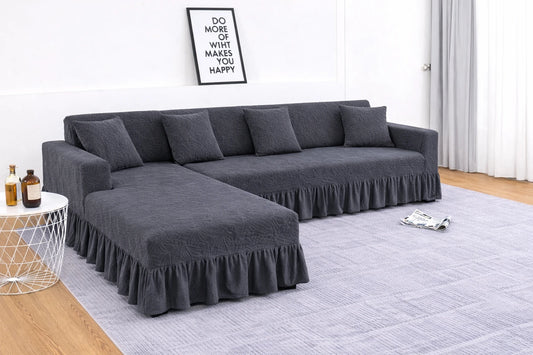 Premium Grey Frill L shape Sofa Cover – Stretchable, Washable & Elegant Sofa Protector