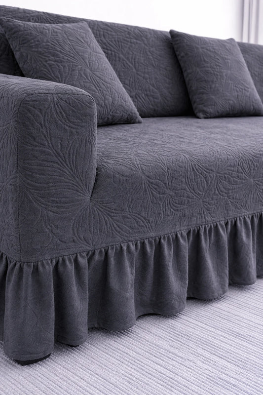 Premium Grey Frill L shape Sofa Cover – Stretchable, Washable & Elegant Sofa Protector