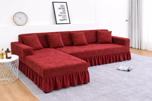 Premium Mehroon L Shape Frill Sofa Cover – Stretchable, Washable & Elegant Sofa Protector