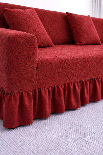 Premium Mehroon L Shape Frill Sofa Cover – Stretchable, Washable & Elegant Sofa Protector
