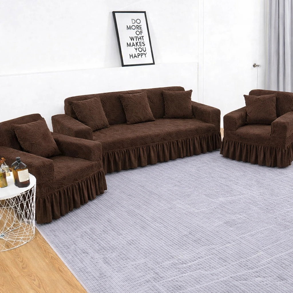 Premium Brown Frill L Shape Sofa Cover – Stretchable, Washable & Elegant Sofa Protector