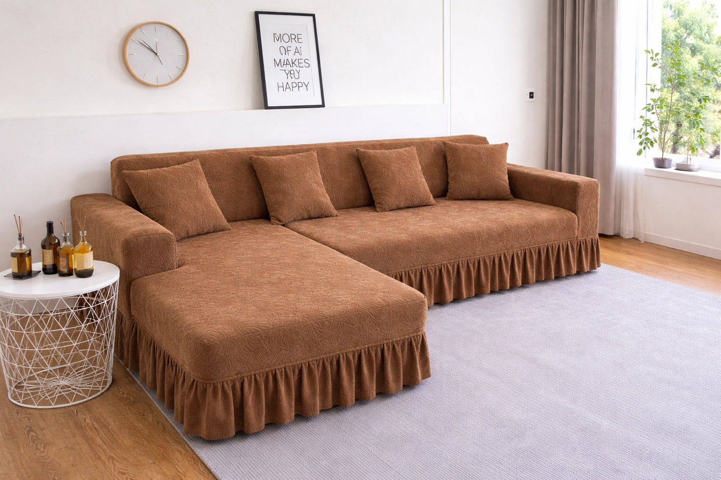 Premium Beige Frill L Shape Sofa Cover – Stretchable, Washable & Elegant Sofa Protector