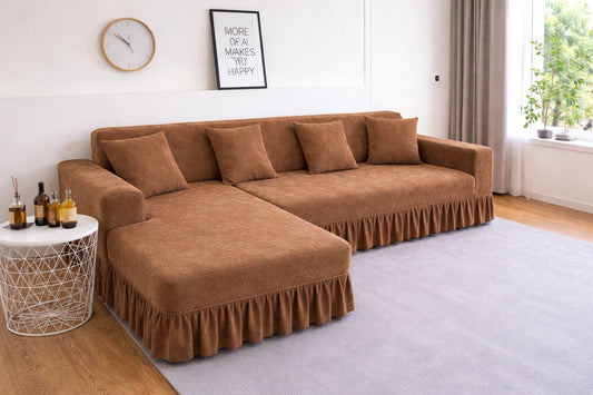 Premium Beige Frill L Shape Sofa Cover – Stretchable, Washable & Elegant Sofa Protector