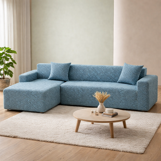 Sky Blue Castle L Shape Polar Fleece Sofa Cover – Soft, Stretchable & Washable Corner Sofa Protector