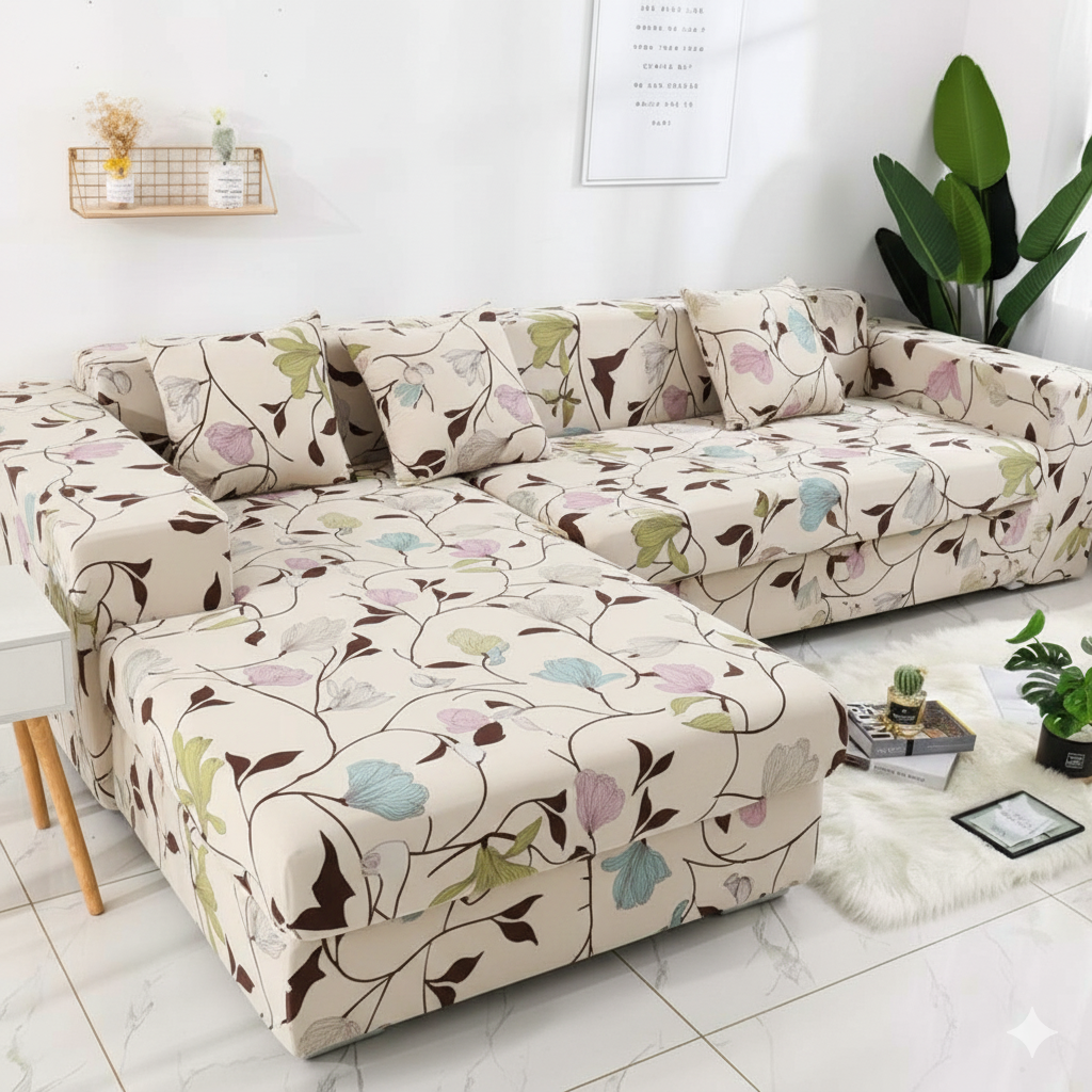 L Shape Quirkyhub White Flower Strechable Sofa Cover