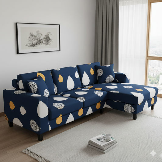 L Shape Quirkyhub Blue Drop Strechable Sofa Cover