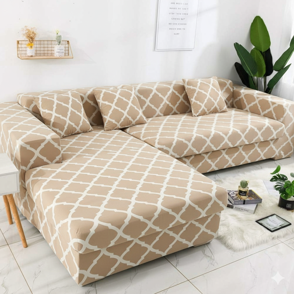 L Shape Quirkyhub Diamond Beige Strechable Sofa Cover