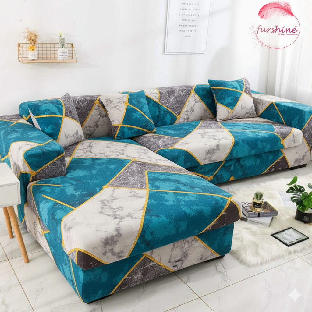 L Shape Quirkyhub Blue Marble Strechable Sofa Cover