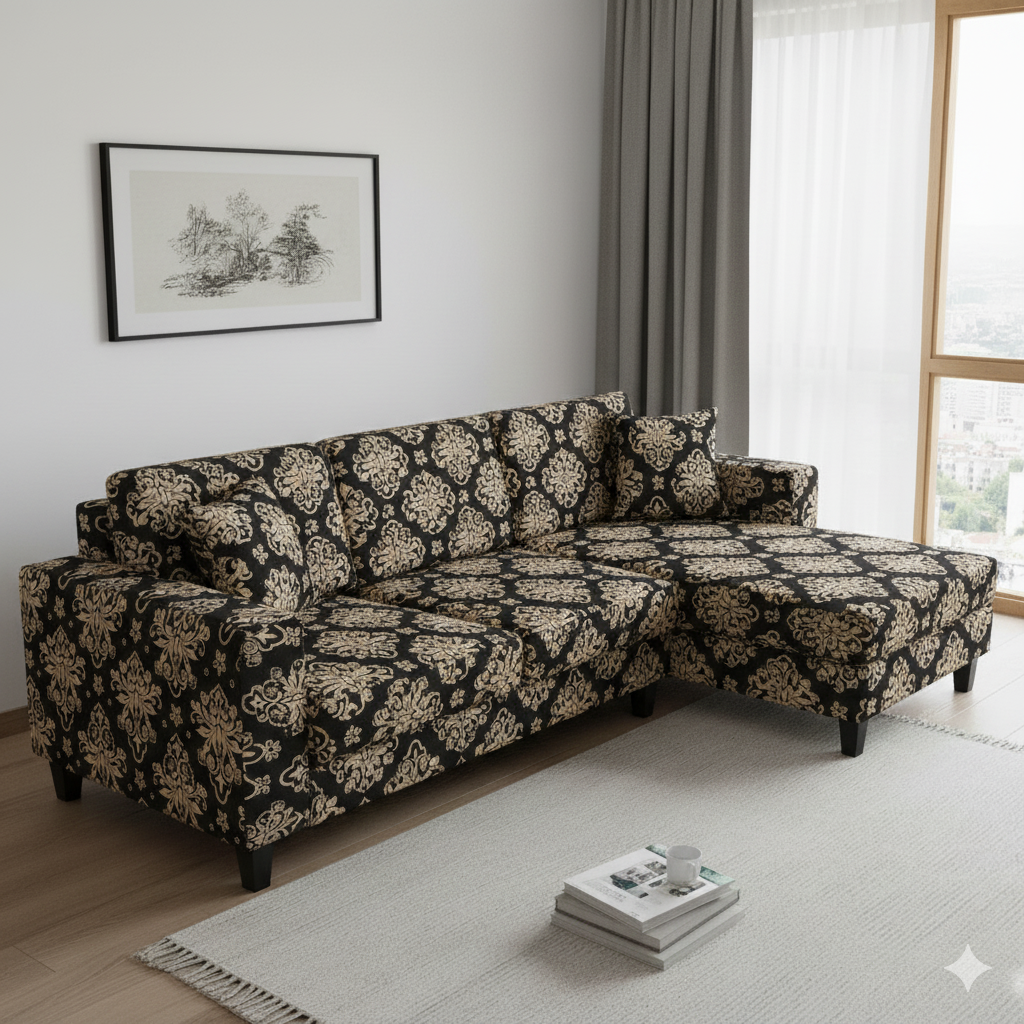 L Shape Quirkyhub Brown Dhamash Strechable Sofa Cover