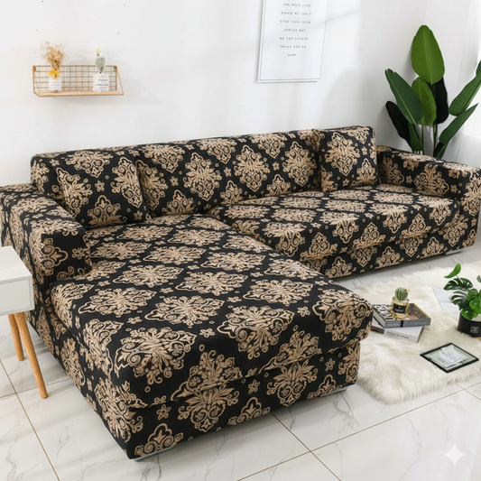 L Shape Quirkyhub Brown Dhamash Strechable Sofa Cover