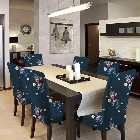 Quirky Hub Premium Wrinkle-Free | Elastic Stretchable | Washable|Dining Table & Chair Cover Dark Blue Botanical