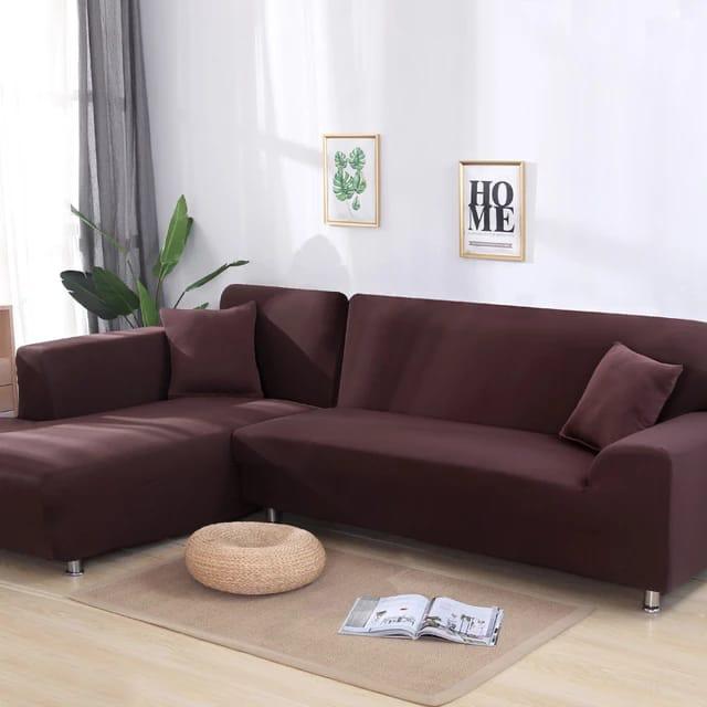 L Shape Quirkyhub Plain Coffee Color Strechable Sofa Cover