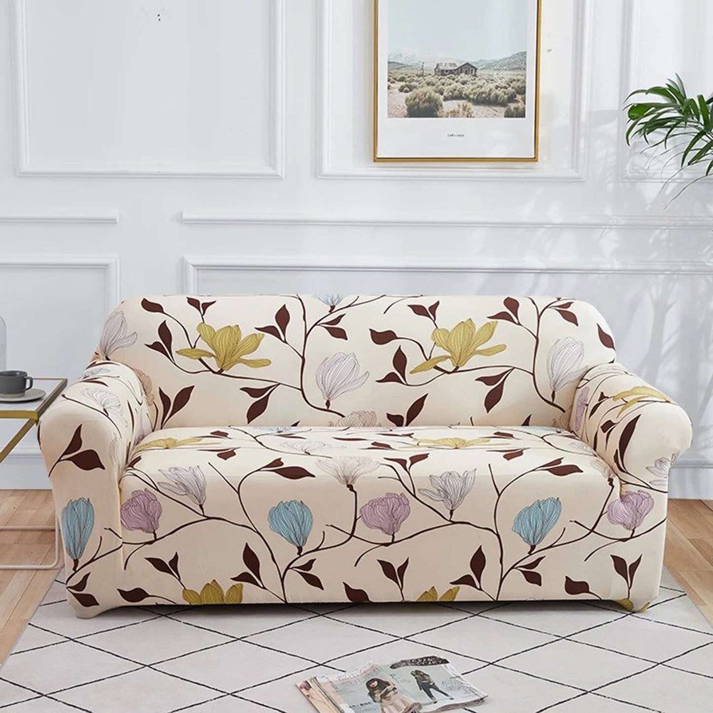 L Shape Quirkyhub White Flower Strechable Sofa Cover