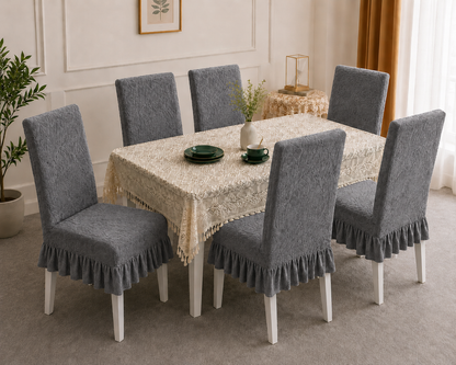 Grey Jacquard Frill Dining Chair Cover – Stretchable & Washable