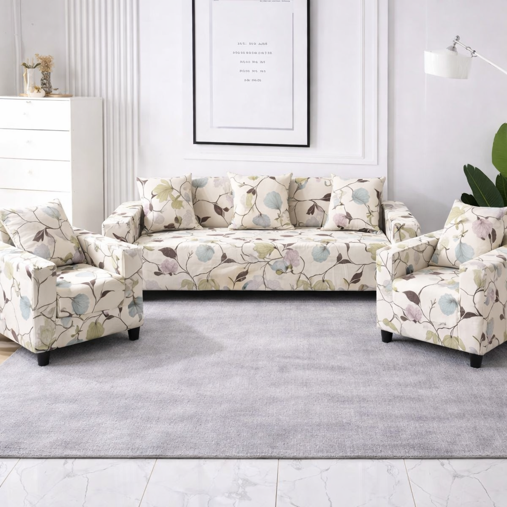 Quirky Hub Premium Wrinkle-Free Stretchable | Elastic Universal Stretchable Sofa Cover White Flower