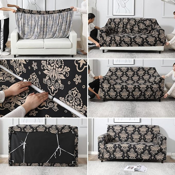 L Shape Quirkyhub Brown Dhamash Strechable Sofa Cover